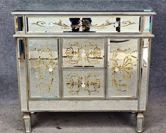 Fancy Mirrored Cabinet Glass Knobs Gilt Silver Trim Hollywood Regency Style
