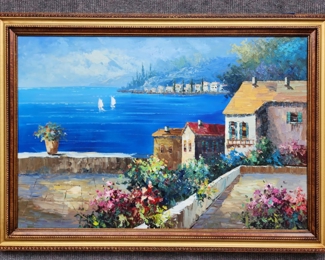 Large Fantastic Waterside Village Painting on Canvas gilt Framed
