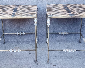 Pair of Faux Tiger Lucite Top Metal Base Side Tables Hollywood Regency Style
