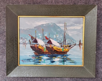 Tom Wong Boat Scene Original Paining on Canvas Framed Hong Kong
