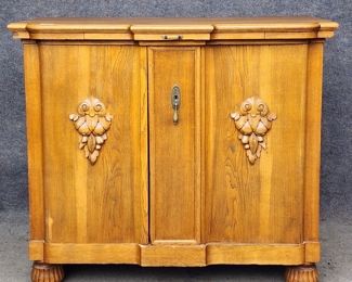 Antique 2 Door Applied Carved Medallion Credenza Cabinet with Fancy Brass Hardware
