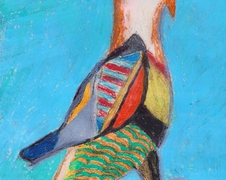 Vintage Decorative Fancy bird Folk Art Pastel Framed Art
