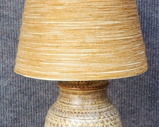 Vintage Art Pottery Glazed Table Lamp with Burlap Style Shade MCM Mid Century Modern Signed
