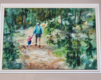 Originals H Brauised Framed Water Color painting Father Child Walking Through the Woods
