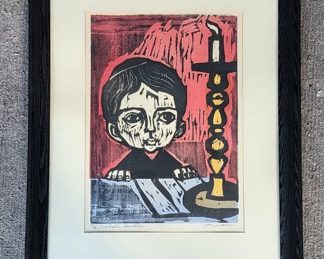 Unique Amen Sabbath Candle Framed Woodblock Print Judaica
