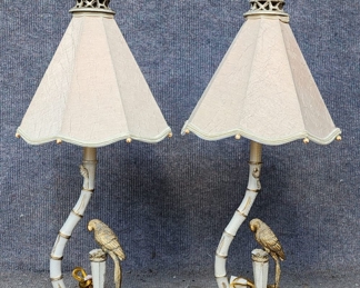 Pair Fantastic Faux Bamboo Crackle Paint with Fancy Shade Table Lamp Hollywood Regency Style
