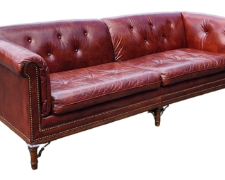 sFantastic Vintage Blair House for Woodward & Lothrop Chesterfield Leather Sofa Faux Bamboo Wood & Brass Legs with Fancy Brass Tack Trim
