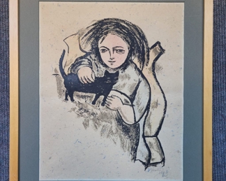 J Kembly Artist Proof Signed Child with Cat Framed
