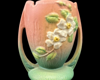 Vintage Roseville Art Pottery White Rose Pink and Green
