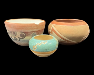 Lot of Three Art Pottery Native American Bowls and one Peruvian Bowl
