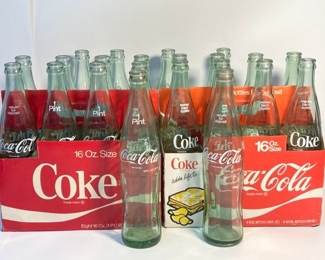 14 Vintage Coca Cola 16oz Glass Bottles with 2 Cardboard Holsters
