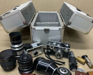 Vintage Cameras, Lens, and Gear all In Hard Case Organizer Box w/ Brands Such As: Kodak, Kilfitt, Vivitar, Weston, And Camrex!
