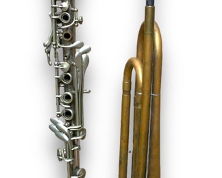 Lot of x2 Vintage Wind Instruments Including: A U.S Regulation Bugle w/ Mouthpiece And A Alupot Metal Clarinet
