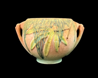 Antique 1930s Roseville Pottery Pink Green Moss Pattern #289-4 Handled Jardiniere
