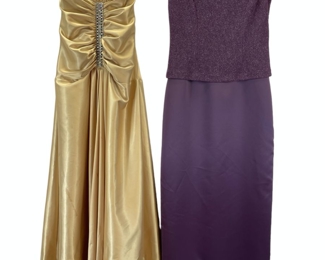 PETRA PURPLE FORMAL GOWN SZ 10 JESSICA MCCLINTOCK GOLD FORMAL HALTER WITH RINESTONE SZ 10 AND LA REGALE BEADED PROM BAG
