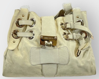 JIMMY CHOO STYLE ECRU LEATHER SATCHEL BAG WITH GOLD TONE HARDWARE
