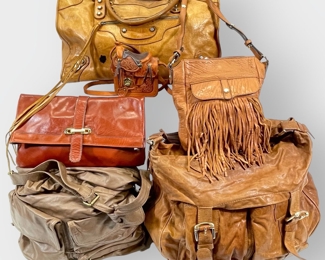 HIGH END BOHO HIPPIE REAL LEATHER HANDBAGS ANDREW MARC BALENCIAGA PARIS HOBO INTERNATIONAL REBECCA MINKOFF VINTAGE CLUTCH WITH EQUESTRIAN HARDWARE NO LABEL TOOLED LEATHER WESTERN SADDLE BAG NO LABEL
