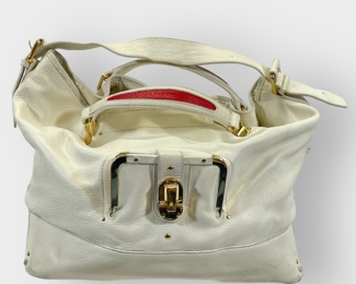 CHLOE HAMPTON LARGE SATCHEL WHITE LEATHER SLOUCHY BAG WITH RED CONTRAST HANDLE DETAI AND GOLD TONE HARDWARE
