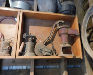 Pitcher Pump, Brass Soldering Torch, Wooden Pulley