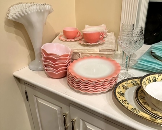 Pyrex, Hazel Atlas Ripple Pink Crinoline Dinner Plates, cups, coffee and saucer