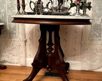 Antique Carrara Marble, Mahogany Pedestal Table 