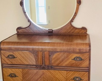 Antique Art Deco Waterfall Dresser w/Mirror.