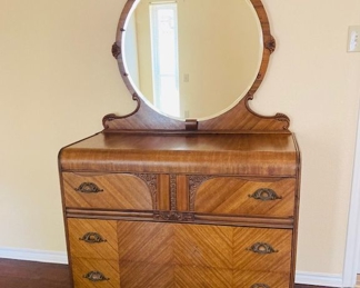 Antique Art Deco Waterfall Dresser w/Mirror.