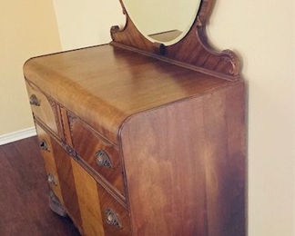 Antique Art Deco Waterfall Dresser w/Mirror.