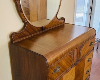 Antique Art Deco Waterfall Dresser w/Mirror.