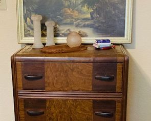 Antique Art Deco Waterfall Highboy Dresser.