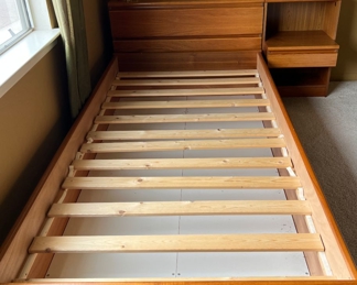 Copenhagen Teak Single Bed w Storage Headboard,  and Attached Nightstand and Underbed Drawer