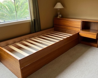 Copenhagen Teak Single Bed w Storage Headboard,  and Attached Nightstand and Underbed Drawer