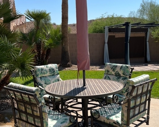 Patio Table w 4 Swivel Chairs and Umbrella w Stand