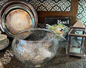 Punch Bowl Set, Lantern, Silverplate Trays