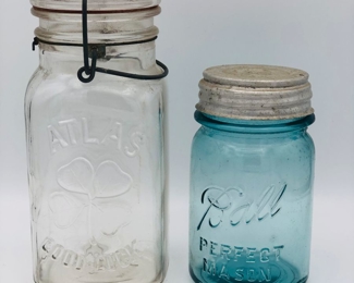 Many jars including 
1920’s Atlas good luck glass top jar with nail
Ball perfect Mason zinc milk glass top aqua 1923-1933