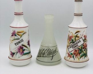 Barber bottles
Witch Hazel milk glass
Tonic milk glass w/hand painted flowers
L Hendricks tonic”.                                               “