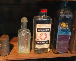 Lots of old bottles including Champion  Firmatone / embalming, etc…