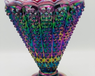 Fenton plum iridescent opalescent hobnail fan vase