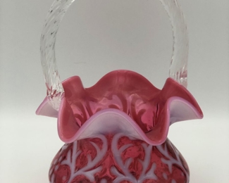 Fenton art glass cranberry opalescent Spanish lace basket with rope style handle