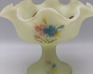 Fenton custard satin floral uranium glass hand painted ruffle compote