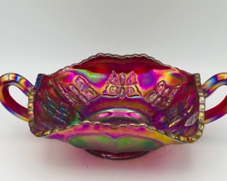 Fenton iridescent art glass handled candy dish