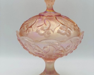 Vintage Fenton champagne opalescent satin lily of the valley tall pedestal covered candy dish