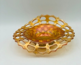 Fenton carnival glass open edge basket weave dish