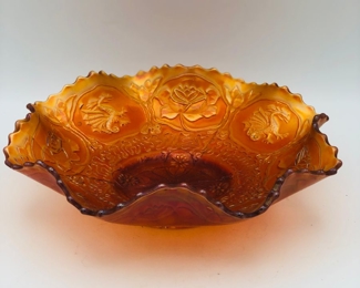 Fenton carnival glass amber dragon and lotus bowl