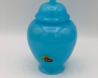 Vintage Fenton lidded blue glass vanity jar