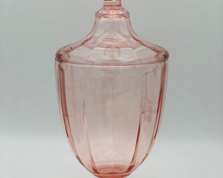 Acid etched pink depression glass lidded candy dish