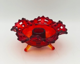 Fenton red basket weave amberina footed candlestick