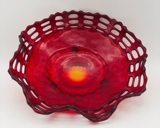 Fenton red amberina basket weave bowl
