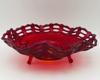 Fenton red amberina basket weave bowl