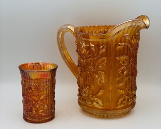 Imperial carnival glass marigold luster rose pitcher 6 tumblers 2 sherries 